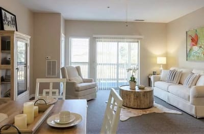 Bright and welcoming living room in a memory care facility