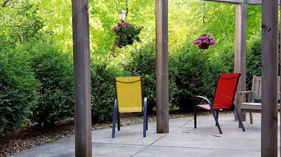 Colorful chairs in a serene outdoor space