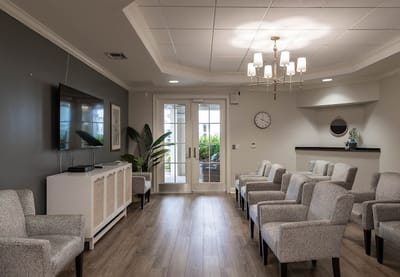 Common area of a senior living facility with seating