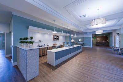 Bright interior of a common area with a serving counter