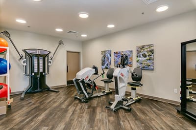 Exercise room with fitness equipment and artwork on walls
