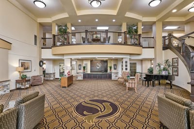 Bright and spacious lobby area of a senior living facility