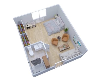 3D model of a private resident room layout
