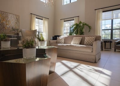 Bright and welcoming interior common area with seating