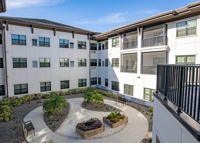 Garden courtyard surrounded by building units