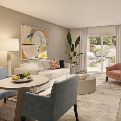 Brightly lit lounge area with modern furnishings