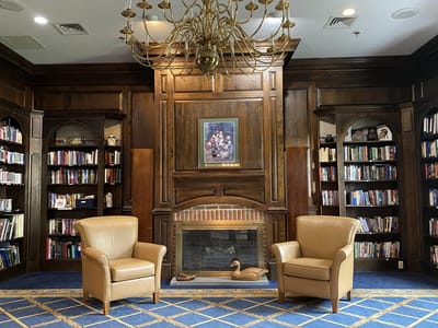 Cozy library area with armchairs and bookshelves