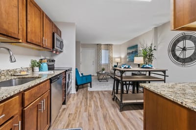 Modern kitchen and living area in an apartment
