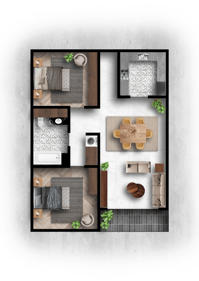 Architectural floor plan of a two-bedroom unit