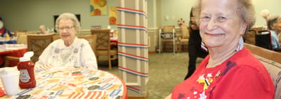 Two seniors enjoying a social gathering in the dining area