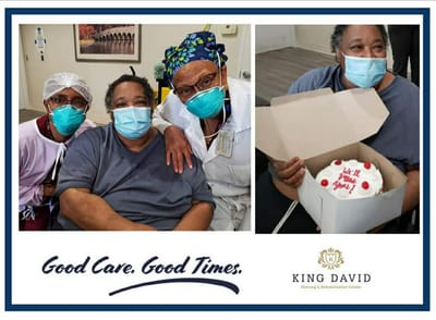 Staff members celebrating a resident's birthday with cake