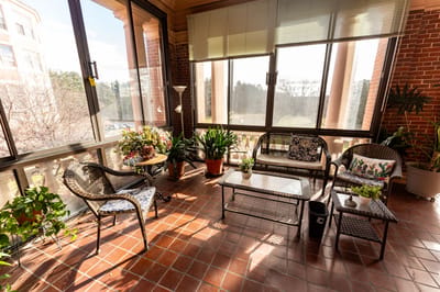 Bright sunroom with chairs and plants
