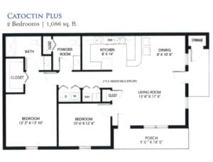 Architectural floor plan of a two-bedroom unit