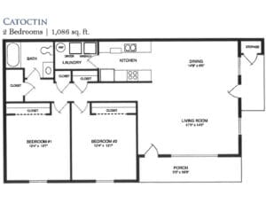 Architectural floor plan of a two-bedroom unit