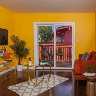 Bright interior living space with a view of the outdoor patio