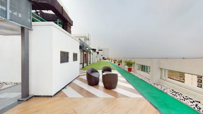 Outdoor seating area with greenery and walkway