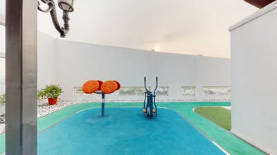 Outdoor fitness equipment on a rooftop space