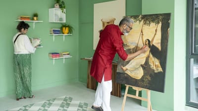 Residents engaged in artistic activities in a vibrant room