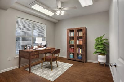 Brightly lit interior office with a desk and bookshelf