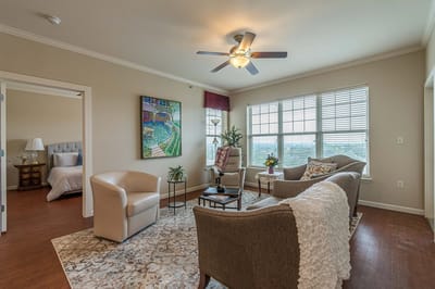 Cozy common area with seating and art