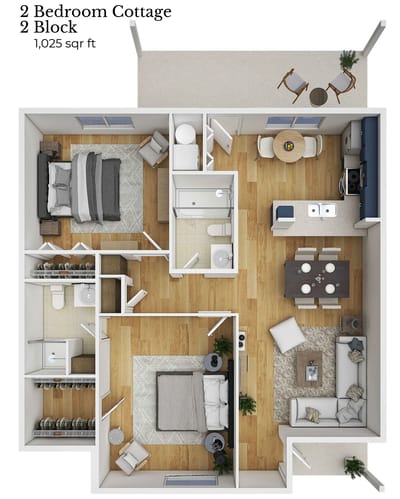 Architectural floor plan of a two-bedroom cottage