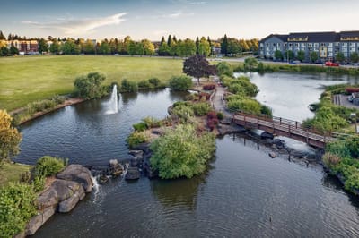 Aerial view of a serene pond with walking paths and greenery