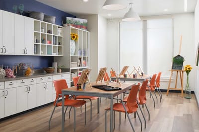 Art activity room with easels and paint supplies