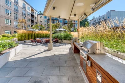 Outdoor barbecue area with seating and landscaping