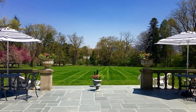View of landscaped garden with outdoor seating and umbrellas
