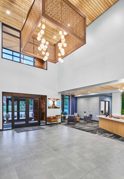 Bright lobby area with modern design and seating