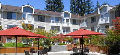 Outdoor seating area with umbrellas and beautiful landscaping