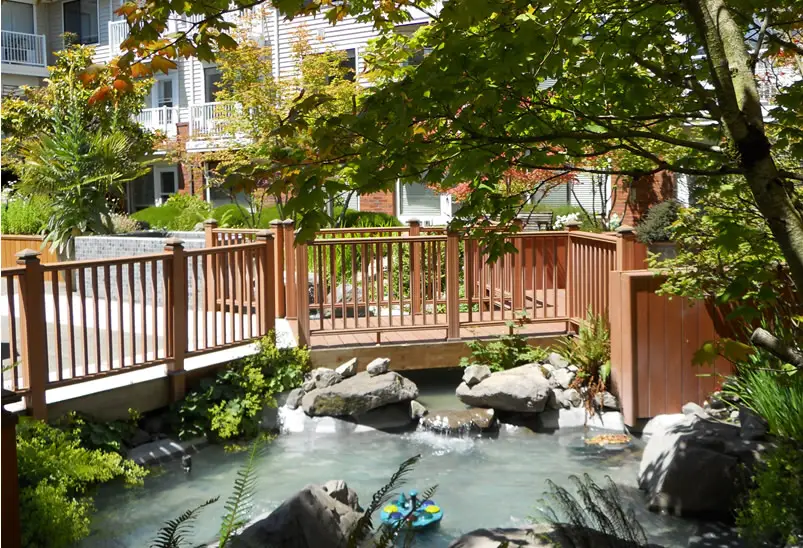 A tranquil garden with a small bridge and water feature
