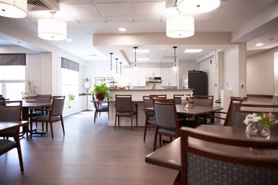 Interior view of a bright common area in Peabody Place