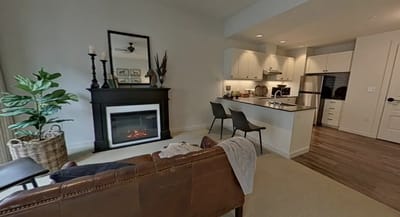 Cozy living area with a fireplace and kitchenette