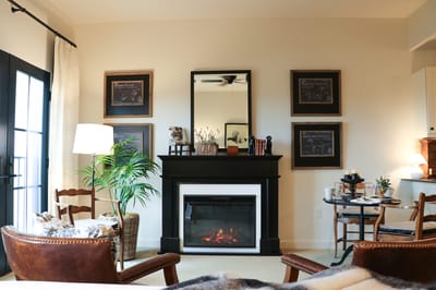 Cozy interior living space with a fireplace and artworks