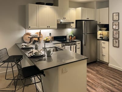 Modern interior kitchen with dining space