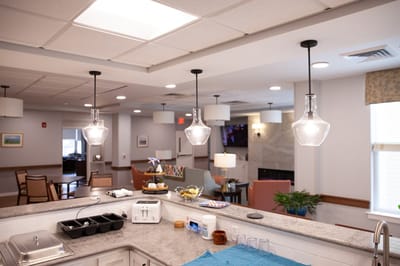 Bright common area with modern decor and seating