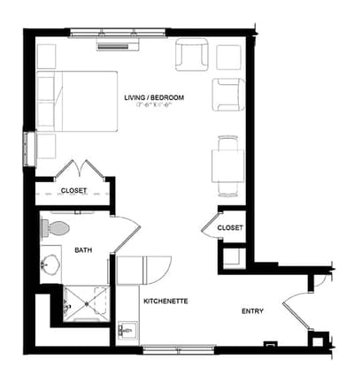 Architectural floor plan of a studio unit layout