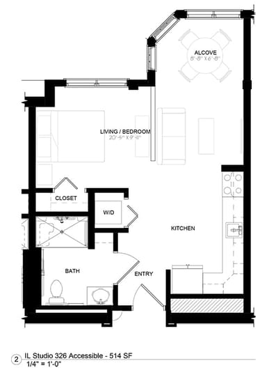 Architectural floor plan of a studio apartment