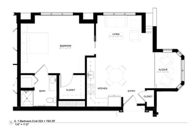 Architectural floor plan of a 1-bedroom unit