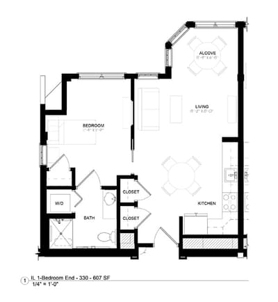 Architectural floor plan of a one-bedroom unit
