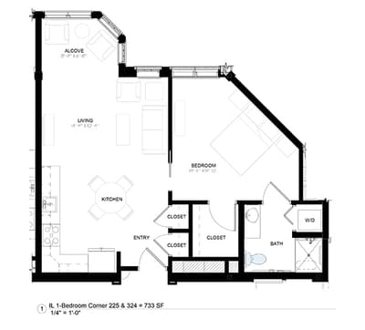 Architectural floor plan of a one-bedroom unit
