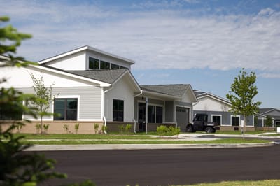 Exterior view of a modern assisted living facility