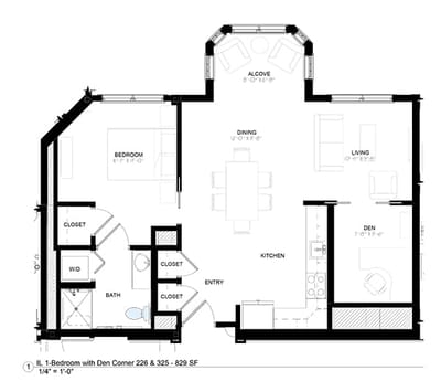 Architectural floor plan of a one-bedroom unit