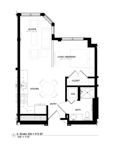 Architectural floor plan for a studio apartment