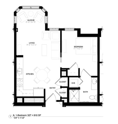 Architectural floor plan of a one-bedroom unit