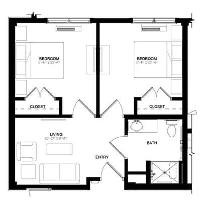 Architectural floor plan of a two-bedroom unit