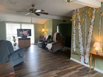 Bright interior common area with seating and decor
