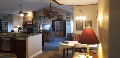 Interior view of a cozy common area with seating