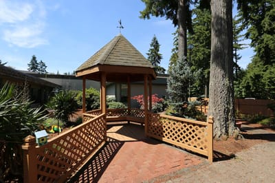 Outdoor gazebo in a landscaped area